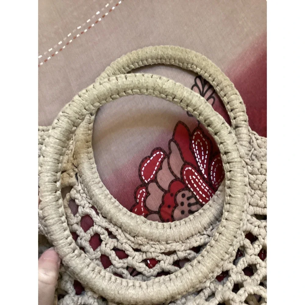 Mizele‎ Crochet Tote Bag Cream Handmade Boho Net Top Handle Bag